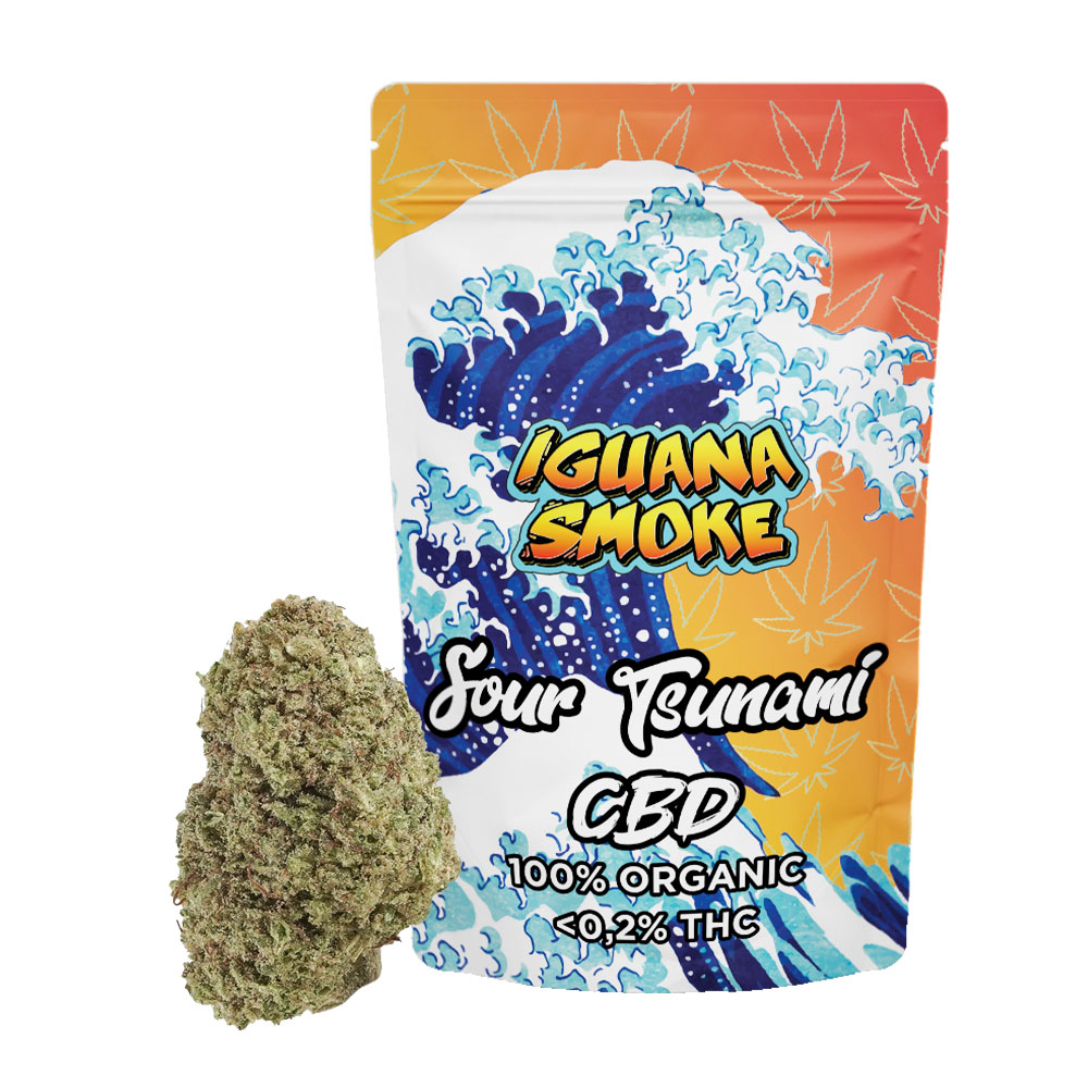 Flor CBD Iguana Smoke Sour Tsunami — 3 gr CBD Outdoor — cogollo en envase individual termosellado